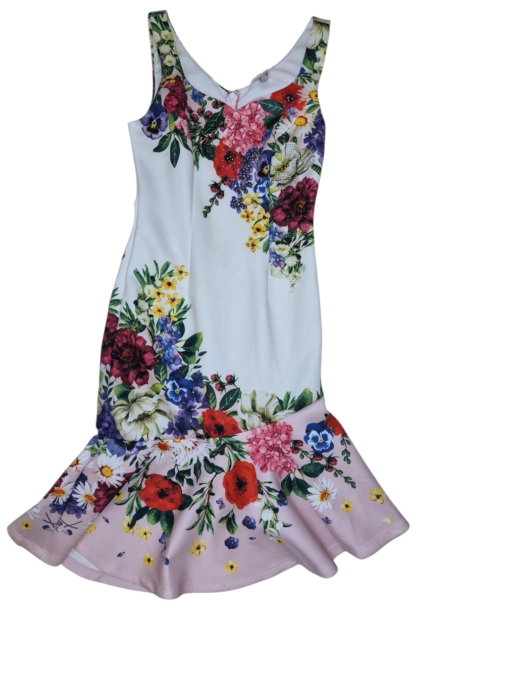 Floral Scoop Neck Fit-and-Flare Dress in White and Pink